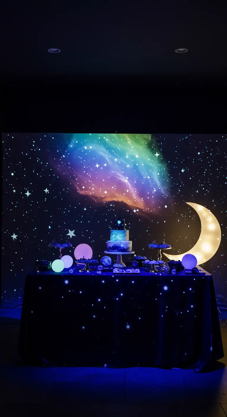 Fondo de galaxia con nebulosa arcoíris y estrellas para fiesta temática.