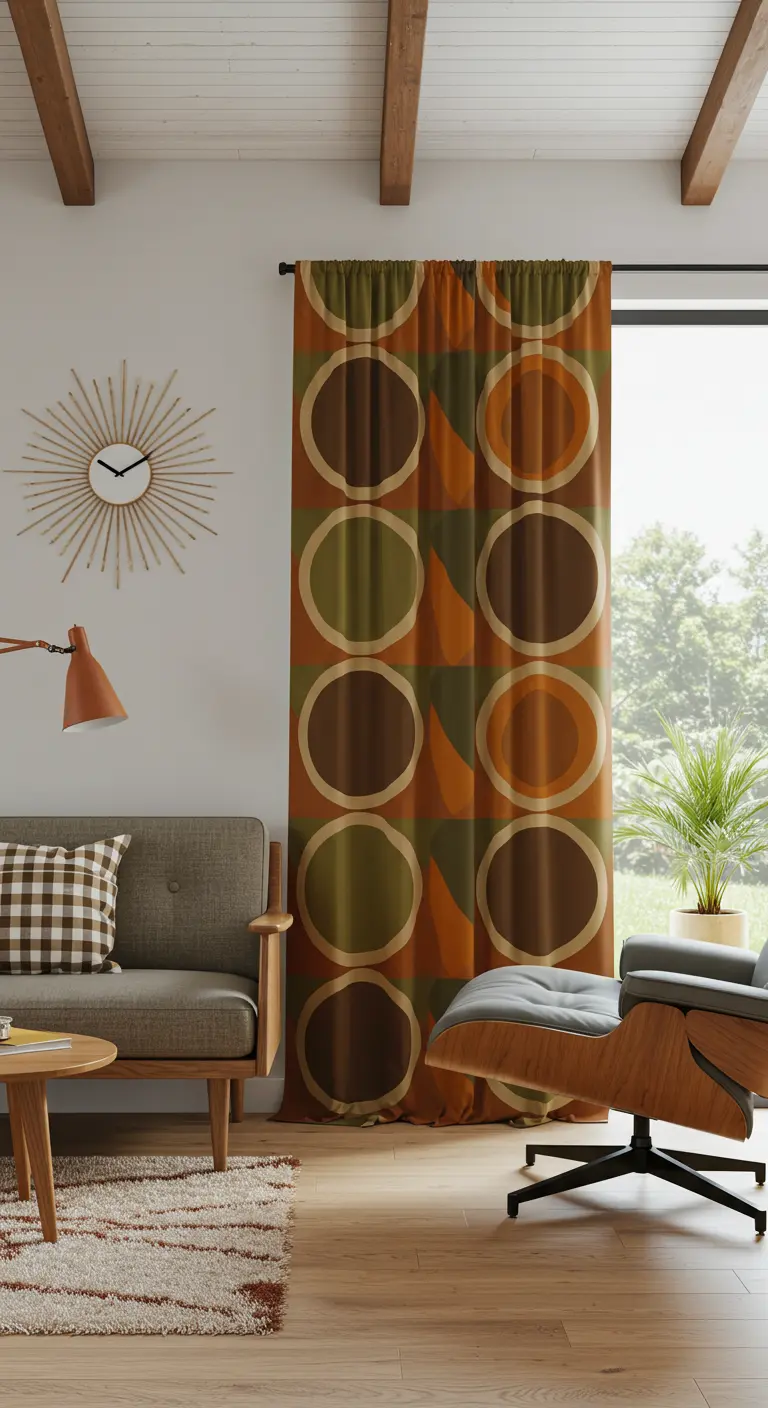 Cortinas con un patrón geométrico retro en tonos tierra en una sala de estilo mid-century.