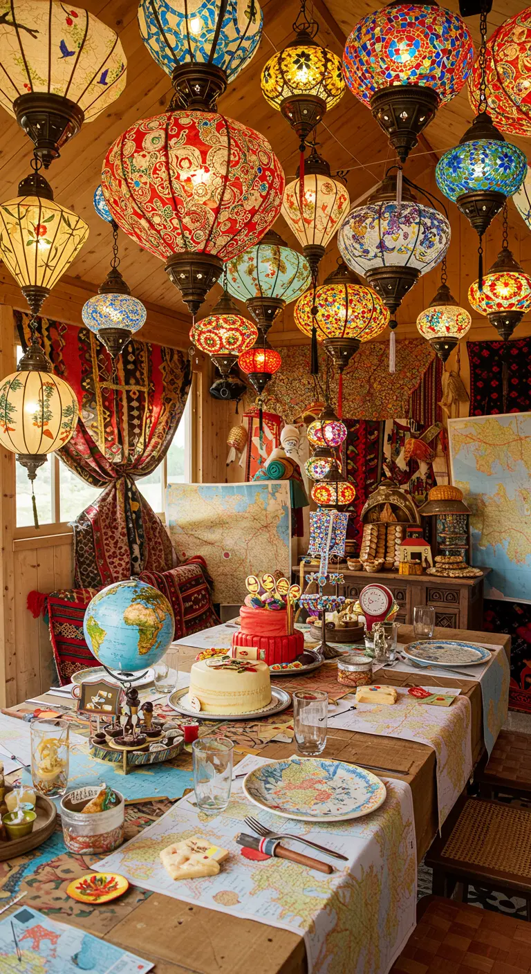 Mesa de cumpleaños temática de viajes bajo un techo lleno de faroles de mosaico turco.