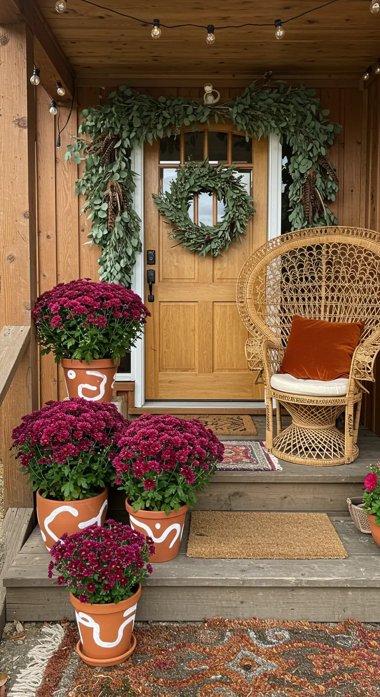 Porche bohemio con silla de pavo real, crisantemos fucsias y macetas de terracota pintadas a mano.