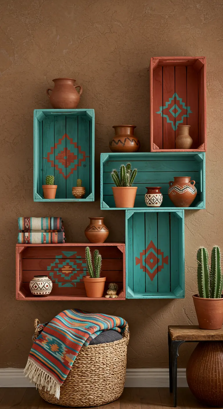 Estanterías de cajas de madera pintadas con colores tierra y motivos geométricos, con cactus y cerámica.