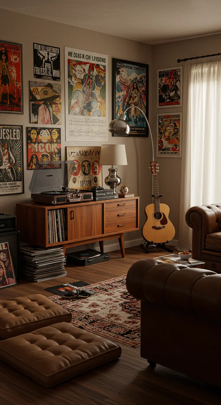 Rincón de música retro-boho con pósteres de conciertos, tocadiscos y muebles de madera de teca.