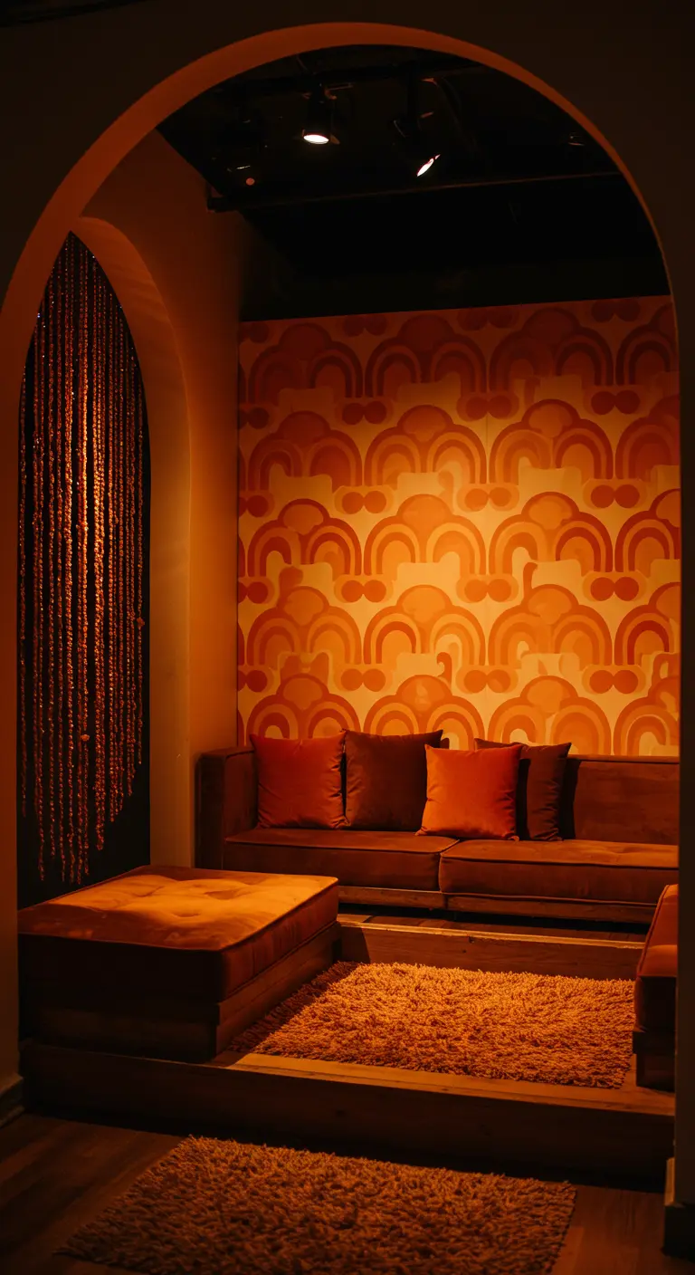 Pared con papel tapiz de arcos de colores cálidos y estilo años 70.