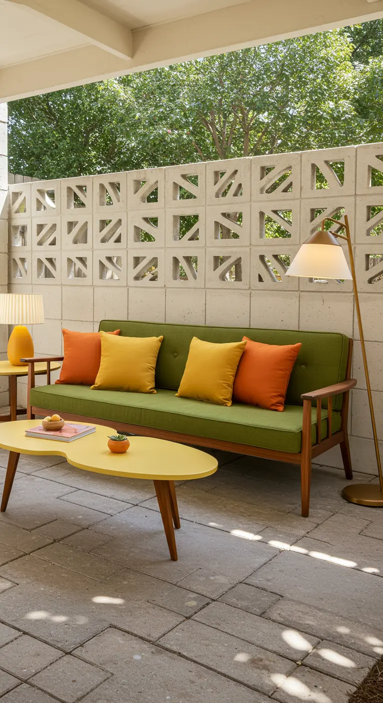 Patio de estilo Mid-Century Modern con un sofá verde, cojines naranjas y una pared de bloques decorativos