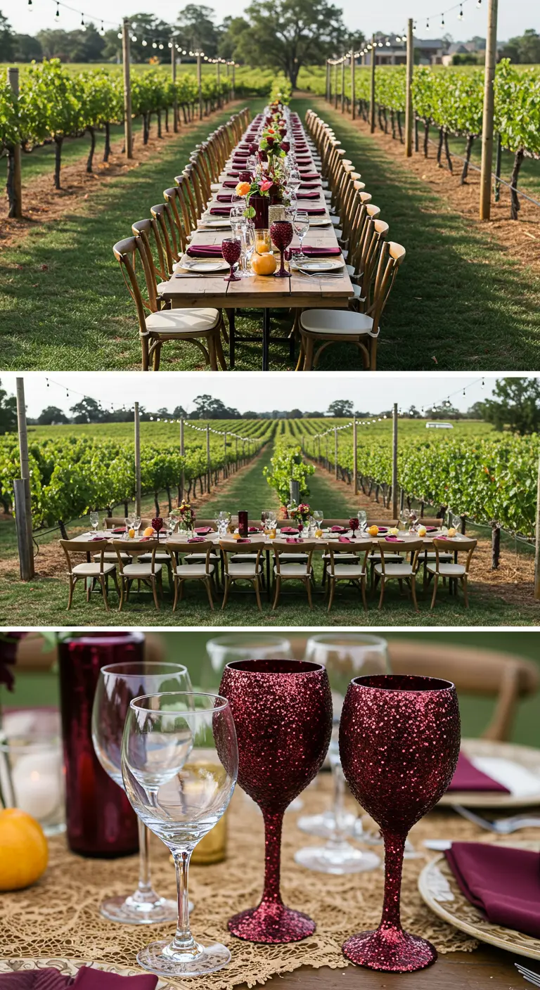 Copas de vino tinto con purpurina de color borgoña en una mesa larga en un viñedo.