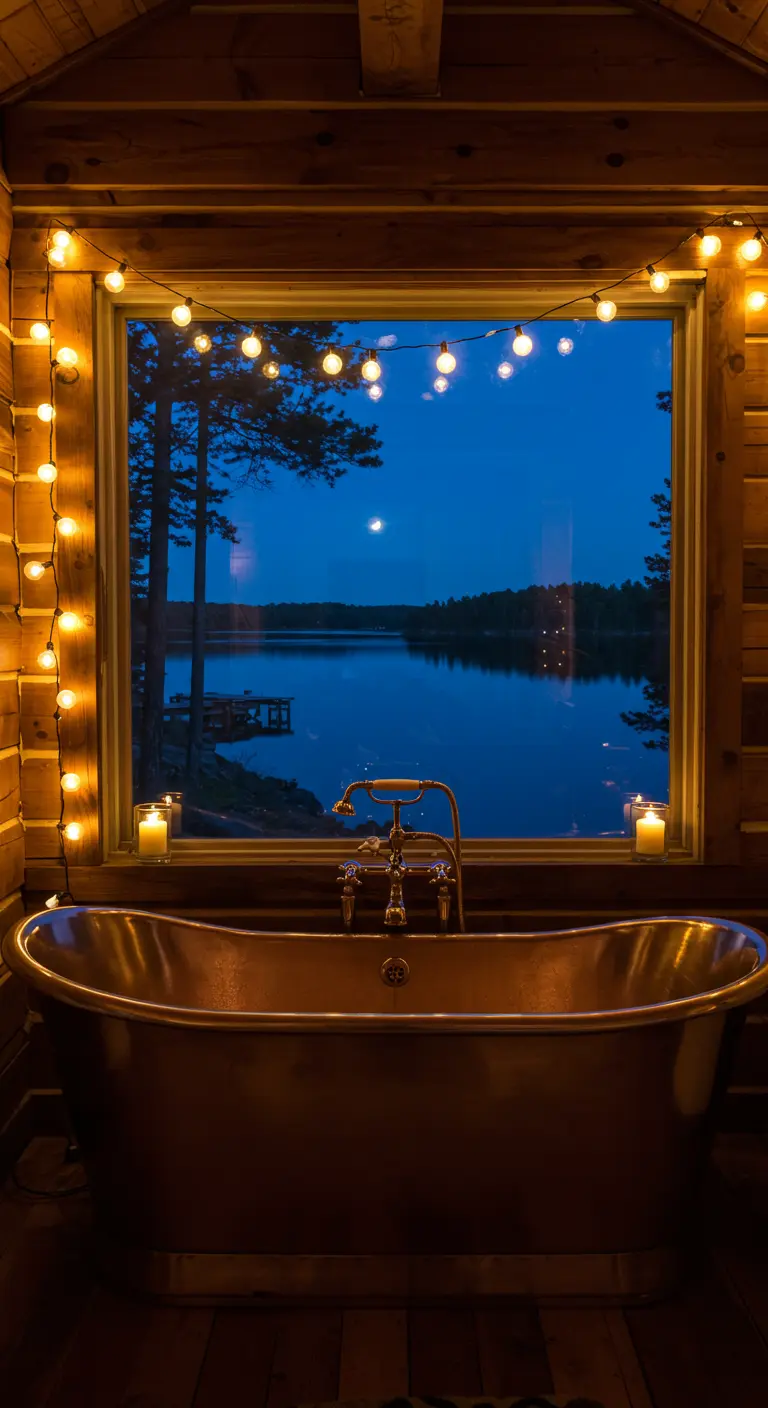 Bañera de cobre en una cabaña de madera con una gran ventana enmarcada por luces.