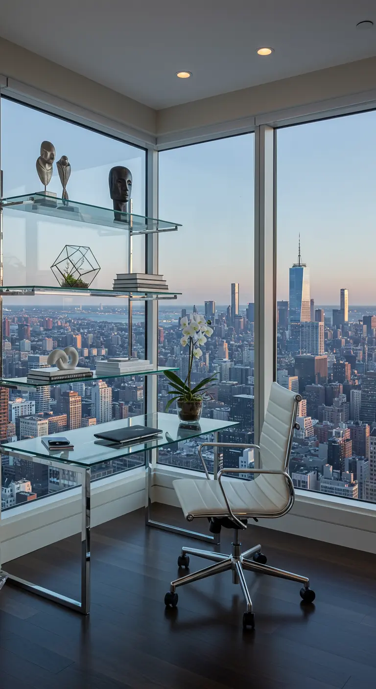 Oficina en un rascacielos con estanterías y escritorio de cristal y vistas a la ciudad.