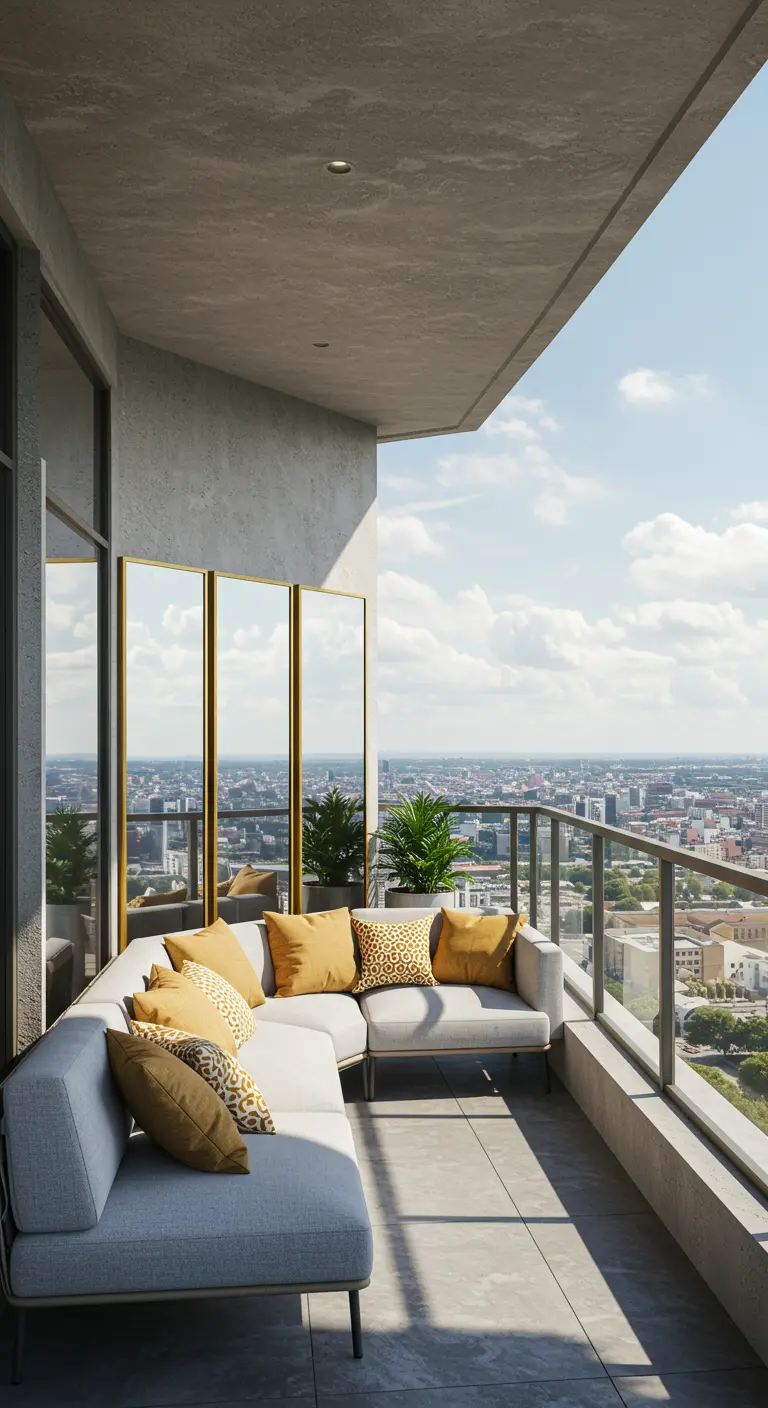 Balcón en un rascacielos con paneles de espejo de cuerpo entero que reflejan la ciudad.