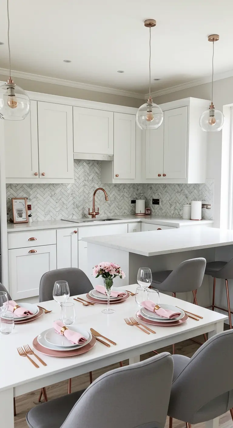 Mesa de comedor puesta con vajilla blanca, cubertería de cobre y servilletas rosas