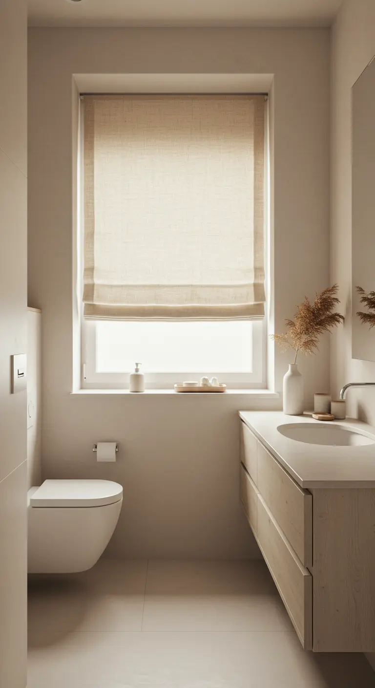 Baño en tonos crudos con un estor romano de lino en la ventana, sobre el inodoro.