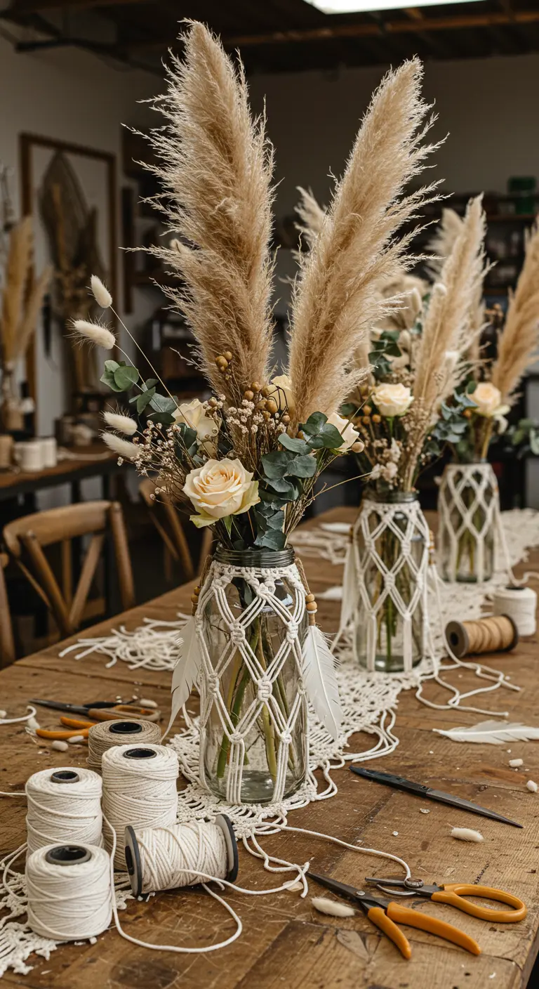 Frascos de vidrio cubiertos con una red de macramé hecha a mano y decorados con flores secas.