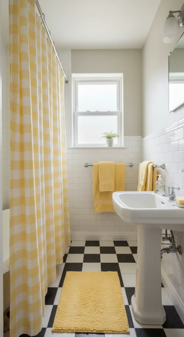 Baño retro con suelo de damero, azulejos blancos y una cortina de ducha de cuadros vichy amarillos.