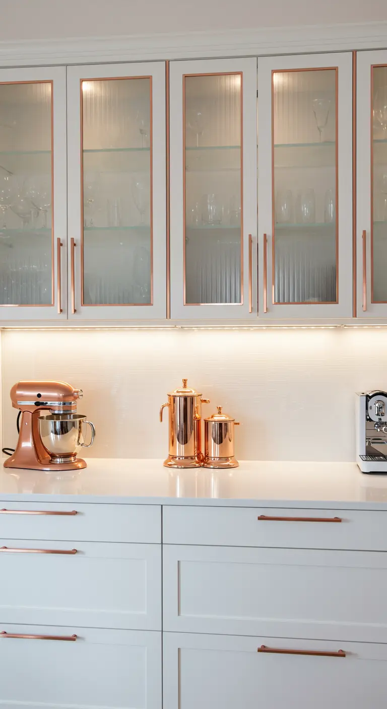 Armarios de cocina blancos con vitrinas de cristal enmarcadas en cobre y electrodomésticos a juego
