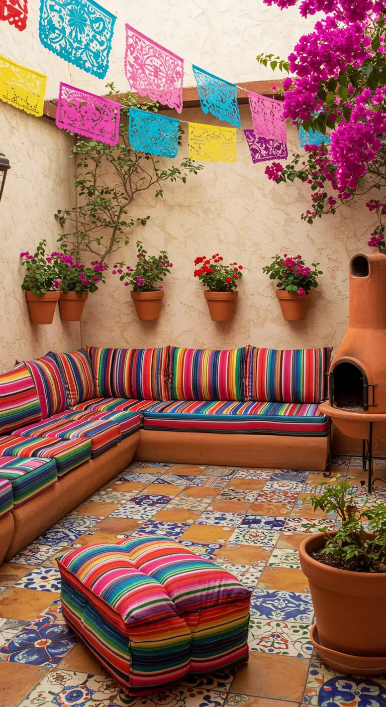 Patio mexicano con un sofá cubierto de tela de rayas de colores, papel picado y baldosas hidráulicas