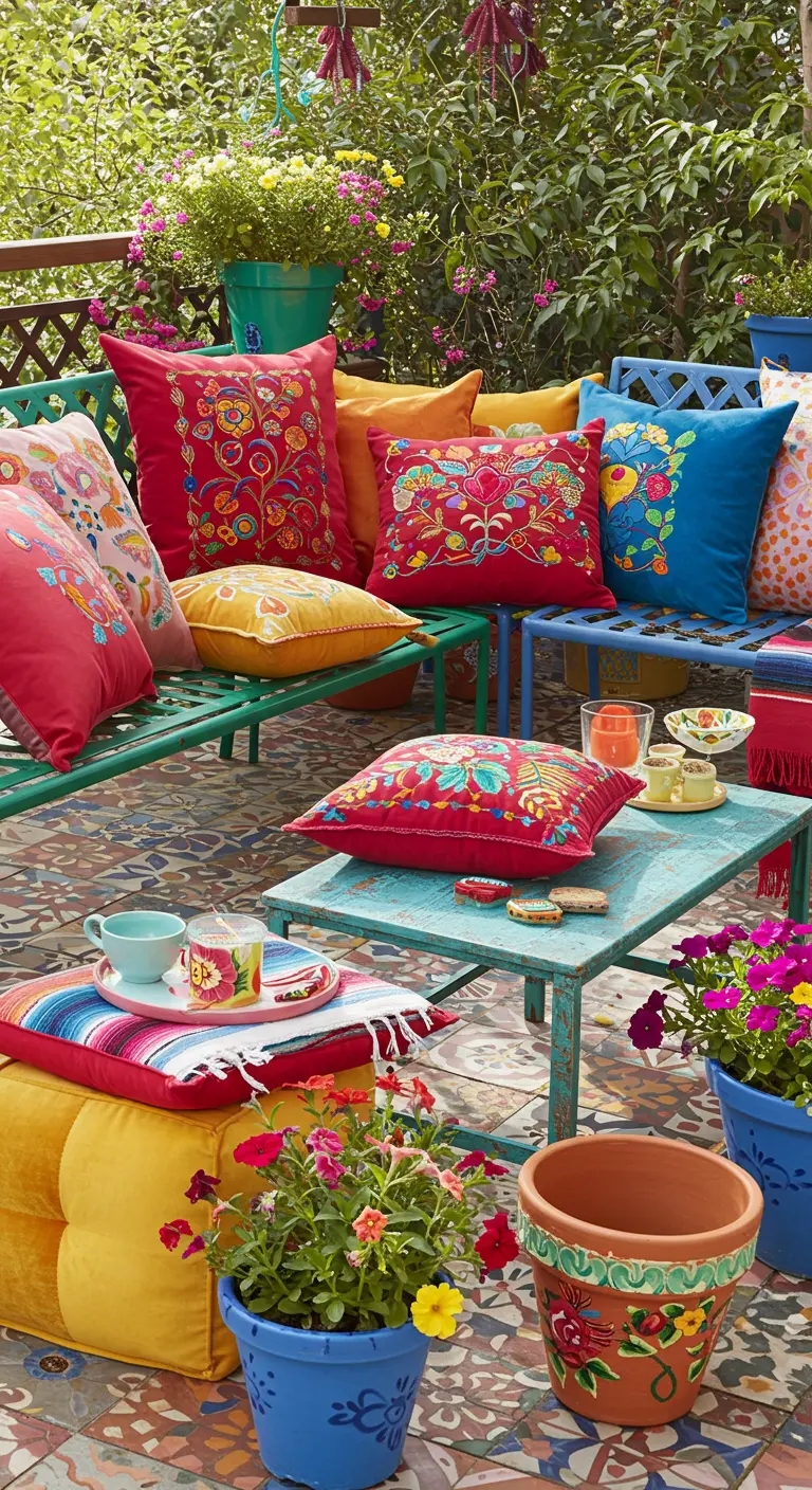Patio muy colorido con muebles de metal pintado y cojines bordados de inspiración mexicana.