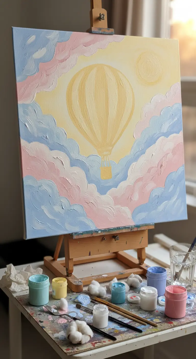 Cuadro de un globo aerostático amarillo volando entre nubes texturizadas en tonos pastel rosa, azul y blanco.