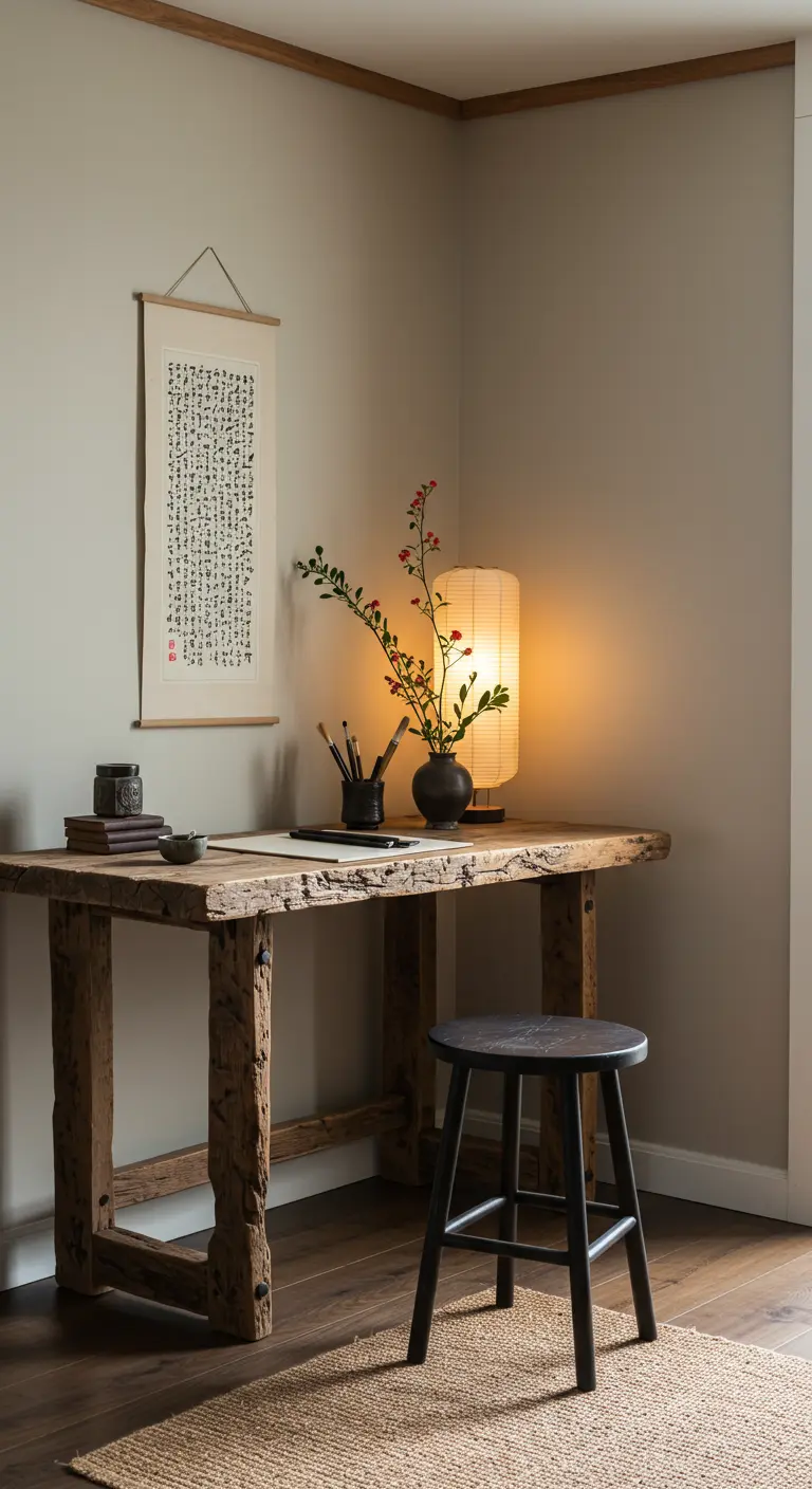 Escritorio rústico de madera recuperada con caligrafía japonesa y lámpara de papel.
