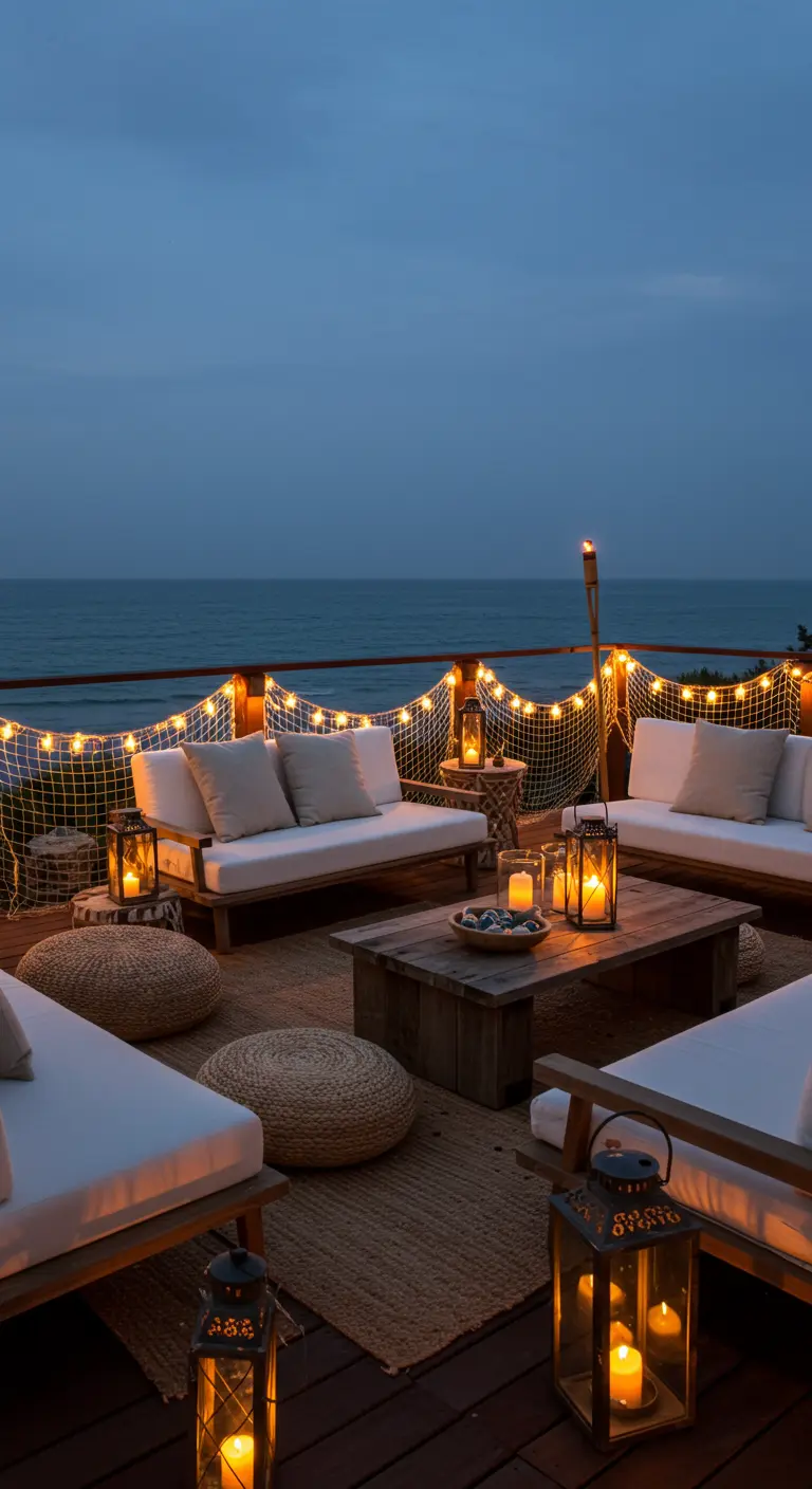 Terraza lounge con vistas al mar, sofás blancos, farolillos y luces cálidas.