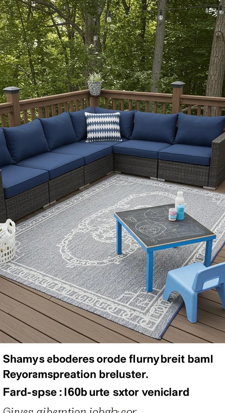 Terraza familiar con un gran sofá modular azul, una alfombra estampada y una mesita de pizarra para niños
